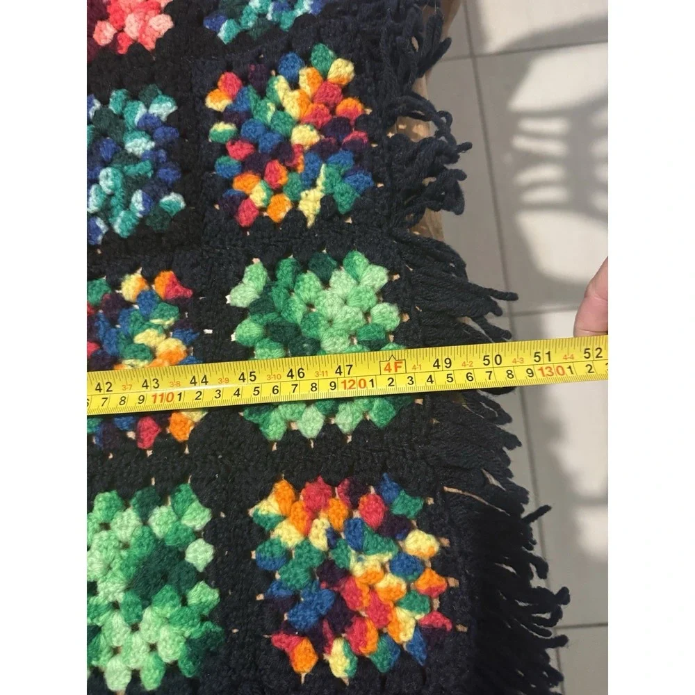 Vintage Handmade Granny Square Crochet Blanket Throw Black Multicolor Fr1nge